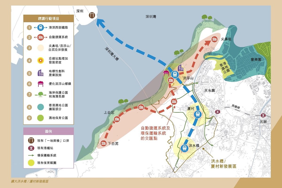 加強連接:  連接深圳前海與洪水橋的港深西部鐵路和連接尖鼻咀及白泥的自動捷運系統構想圖。