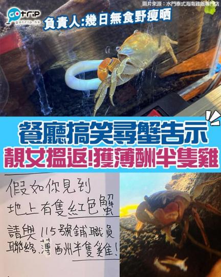 早前荃灣「水門泰式海南雞飯專門店」貼出尋蟹告示，「我紗廠隻蟹偷走咗，如果見到佢唔好踩，同我地講聲，會有專人出嚟捉返」，成功尋獲可薄酬半隻雞...