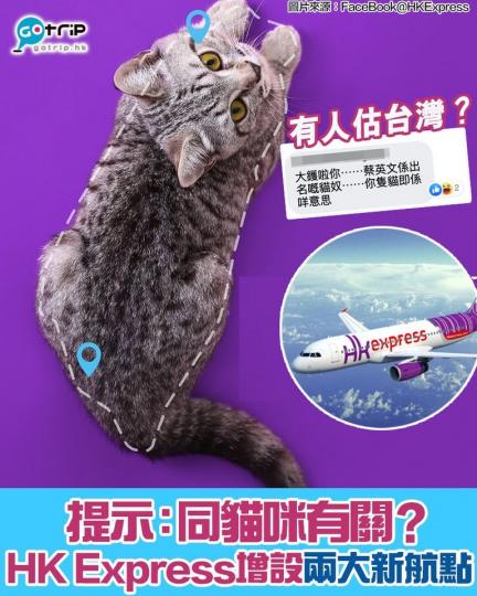HK Express公佈將會增設兩大新航點，仲貼出一張有畫地型嘅貓咪圖片...