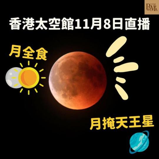 香港11月8日將會出現月全食和月掩天王星天文現象，香港太空館將會進行直...