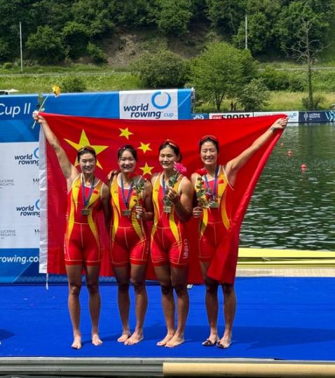 Team China won the bronze medal in the Women's Quadruple Sculls...