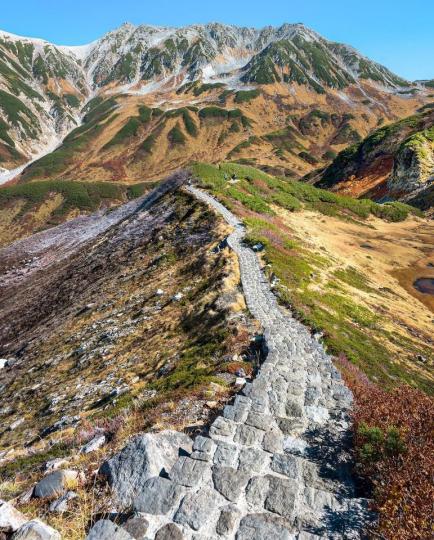 走在日本立山的稜線石頭步道上.....
