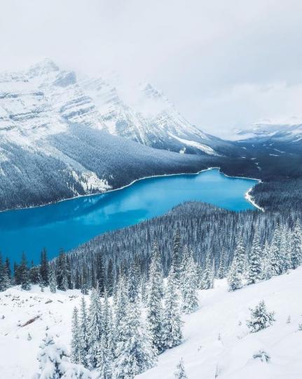 唯美雪地裡，遠方山頭與湖面呈現藍白色的驚豔畫面...