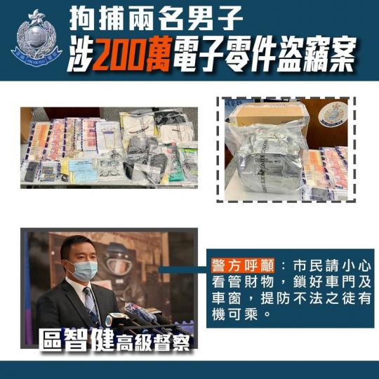 【 拘捕兩男子 • 涉200萬電子零件盜竊案 】
(11月18日),警方於牛頭角以「盜竊」罪拘捕兩名男子(分別為39及45歲),他們涉嫌與今年10月期間發生在沙田、觀塘及牛頭角工廠區的多宗盜竊案有關,... 【 拘捕兩男子 • 涉200萬電子零件盜竊案 】
(11月18日),警方於牛頭角以「盜竊」罪拘捕兩名男子(分別為39及45歲),他們涉嫌與今年10月期間發生在沙田、觀塘及牛頭角工廠區的多宗盜竊案有關,...