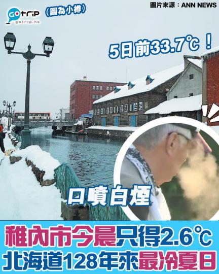 稚內市今晨錄得2.6℃，為相隔128年來北海道再次迎來的最冷夏日...