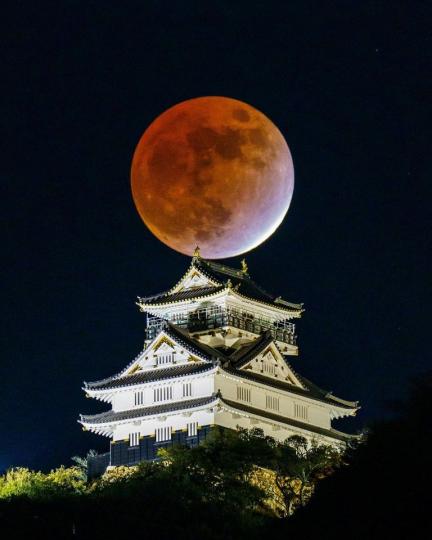 日本網友拍到日本岐阜城與月食相映成趣的畫面...