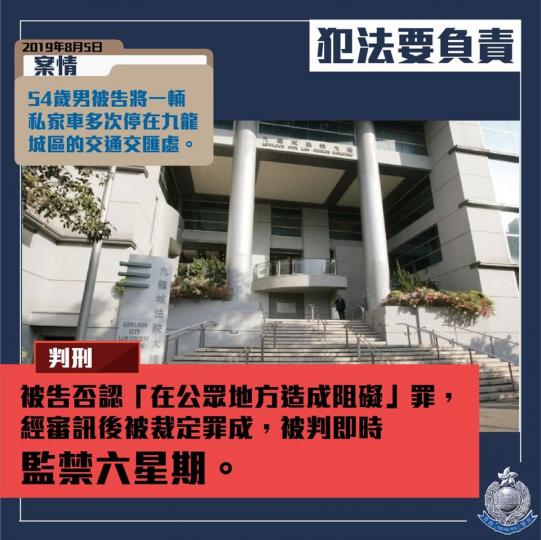 【 判刑 • 8.5九龍城堵路 • 判監六星期 】
去年8月5日，香港多區受到暴力示威者廣泛破壞，並出現堵路及破壞社會安寧的情況。54歲男被告將一輛私家車多次停在九龍城區的交通交匯處，以阻塞交通。
被...