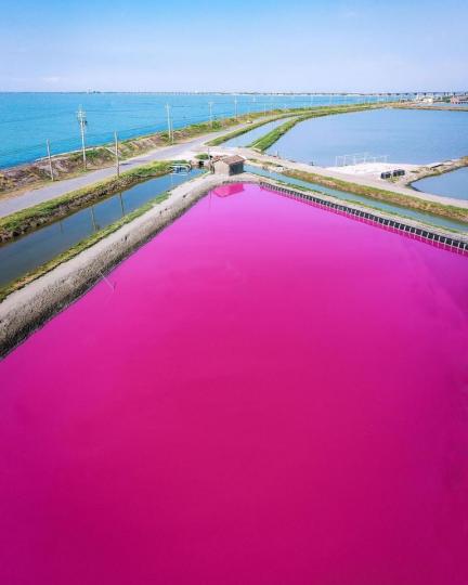 無比繽紛的粉紅色湖泊，就像是有人不小心把草莓果汁倒入湖水一般...