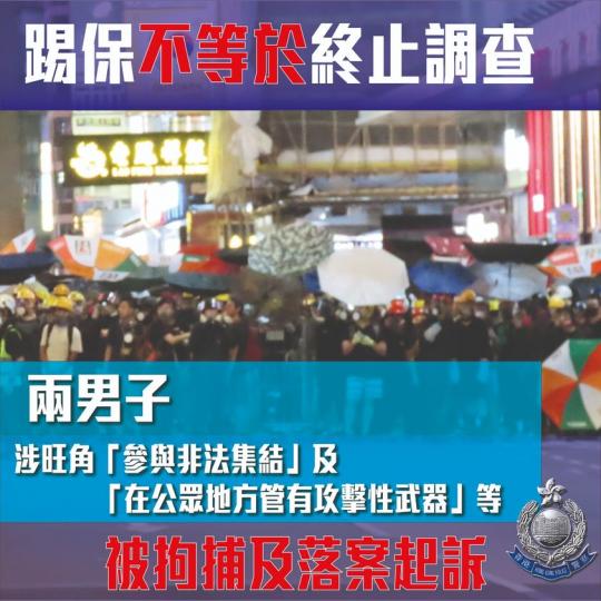 【 踢保不等於終止調查 • 兩人再被捕 】
今年5月10日，大批暴徒於全港各區聚集及參與違法行為。警方於旺角拘捕多人，部份人及後拒絕保釋（俗稱「踢保」）。
警方經深入調查後，於（11月4日）以「參與非...