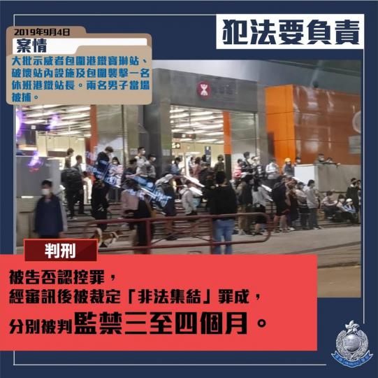 【判刑 • 兩男子非法集結罪成 • 判監三至四個月】
去年9月4日,大批示威者包圍港鐵寶琳站、破壞站內設施及包圍襲擊一名休班港鐵站長。兩名男子(21及23歲)當場被捕。
被告早前否認控罪,經審訊後被裁... 【判刑 • 兩男子非法集結罪成 • 判監三至四個月】
去年9月4日,大批示威者包圍港鐵寶琳站、破壞站內設施及包圍襲擊一名休班港鐵站長。兩名男子(21及23歲)當場被捕。
被告早前否認控罪,經審訊後被裁...