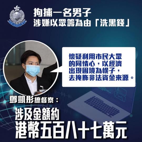 【 拘捕 • 涉嫌以眾籌為由「洗黑錢」 】
(11月15日)，警方拘捕一名男子，他涉嫌以眾籌為由進行「洗黑錢」，涉及金額約港幣五百八十七萬元，警方現正追查資金來源及方向。
警方於今年九月上旬，發現該被...