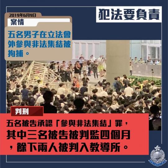 【 判刑 • 五人立法會大樓外「參與非法集結」罪成 • 三人判監四個月、兩人判入教導所 】
去年6月9日,有人發起反修例遊行,至翌日凌晨,有大批示威者繼續在立法會外聚集結及向警方封鎖線投擲雜物,更有人... 【 判刑 • 五人立法會大樓外「參與非法集結」罪成 • 三人判監四個月、兩人判入教導所 】
去年6月9日,有人發起反修例遊行,至翌日凌晨,有大批示威者繼續在立法會外聚集結及向警方封鎖線投擲雜物,更有人...