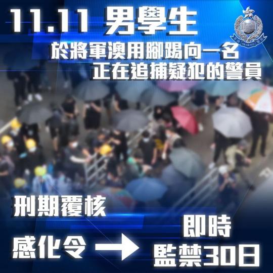 【 刑期覆核  • 由感化令改判即時監禁30日 】
去年11月11日，一名18歲男學生於將軍澳用腳踢向一名正在追捕疑犯的警員，被即場拘捕。被告早前承認「襲警」罪，被判接受感化一年。 
律政司認為原審裁...