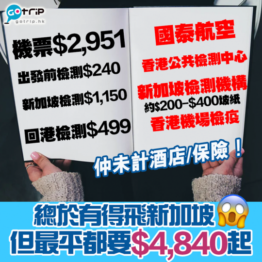 粗略計飛轉新加坡都要$4,800,仲要新加坡檢測費用係「預計」
旅遊氣泡詳情：https://www.gotrip.hk/587078/...