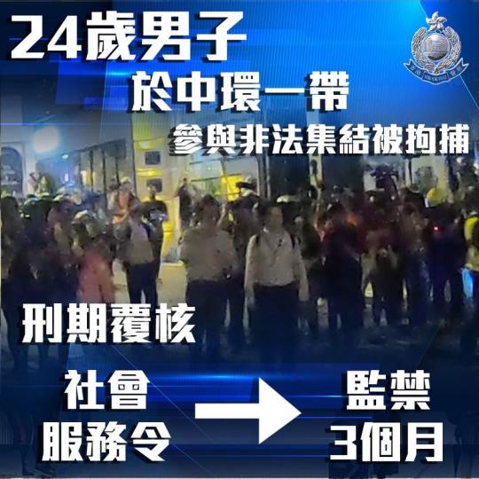 【 刑期覆核 • 由社會服務令改判入獄三個月 】
去年10月31日,一名24歲男子於中環一帶參與非法集結被拘捕。
被告早前於東區裁判法院承認「非法集結」罪,被判處120小時社會服務令。
律政司認為原... 【 刑期覆核 • 由社會服務令改判入獄三個月 】
去年10月31日,一名24歲男子於中環一帶參與非法集結被拘捕。
被告早前於東區裁判法院承認「非法集結」罪,被判處120小時社會服務令。
律政司認為原...