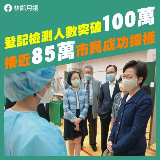 「普及社區檢測計劃」的網上登記人數今日突破了100萬,連同今日,這五天已經有85萬名市民到各個社區檢測中心接受採樣,普遍的反應都很正面。有一點值得一讚,在網上登記的市民,有超過九成都按預約前往中心接受... 「普及社區檢測計劃」的網上登記人數今日突破了100萬,連同今日,這五天已經有85萬名市民到各個社區檢測中心接受採樣,普遍的反應都很正面。有一點值得一讚,在網上登記的市民,有超過九成都按預約前往中心接受...