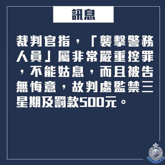【 判刑 • 「襲擊警務人員」罪成 • 判監三星期 】
去年 10 月26日,一名38歲男子行經觀塘道某油站期間,因不滿警員在場拉起封鎖線,以手肘撞向一名警長胸口,及拗其手指,其後被警務人員以「襲擊警... 【 判刑 • 「襲擊警務人員」罪成 • 判監三星期 】
去年 10 月26日,一名38歲男子行經觀塘道某油站期間,因不滿警員在場拉起封鎖線,以手肘撞向一名警長胸口,及拗其手指,其後被警務人員以「襲擊警...