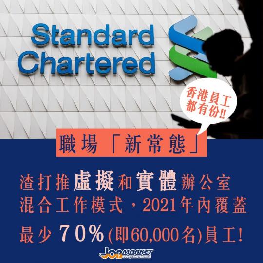 新冠肺炎疫情蔓延全球，唔少企業推員工在家工作安排。近日，渣打銀行宣佈有意結合虛擬和實體辦公室嘅混合工作模式，讓員工們在工作形式和地點上有更多靈活性...