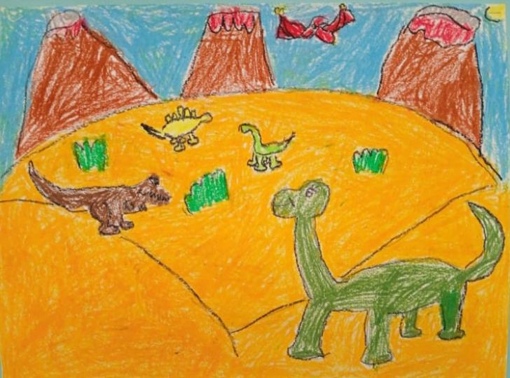兒童畫作：
              草地上的恐龍！...