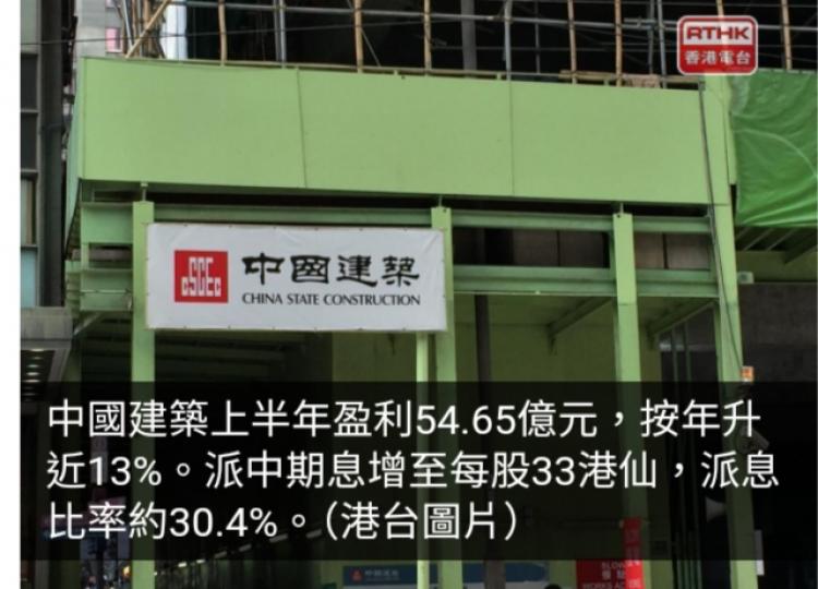 中國建築上半年多賺近13%　中期息增至33港仙...