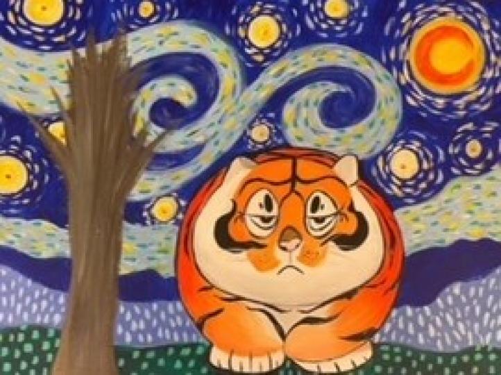 對梵高的感謝

朋友喜歡畫肥老虎，她又很欣賞梵高的「星夜」油畫，於是畫了這幅畫以示對梵高的感謝。...