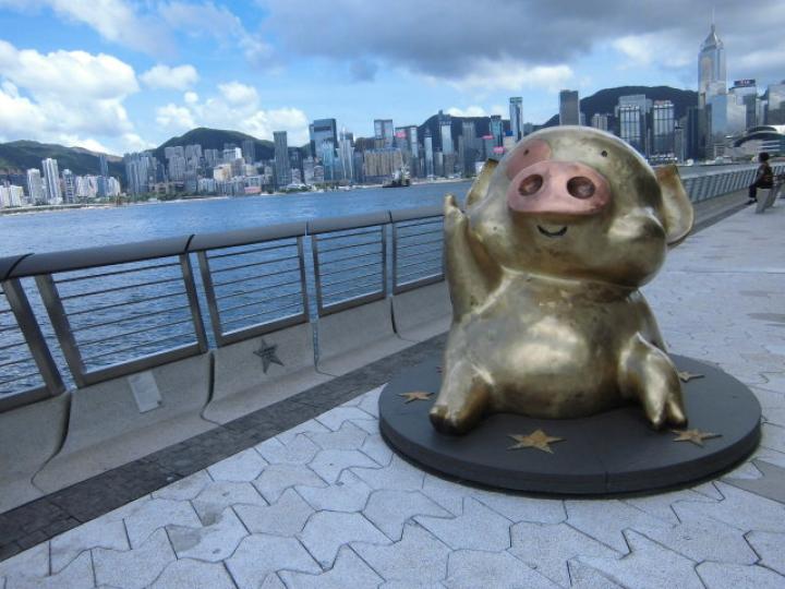海旁上,,有個趣怪猪像！...