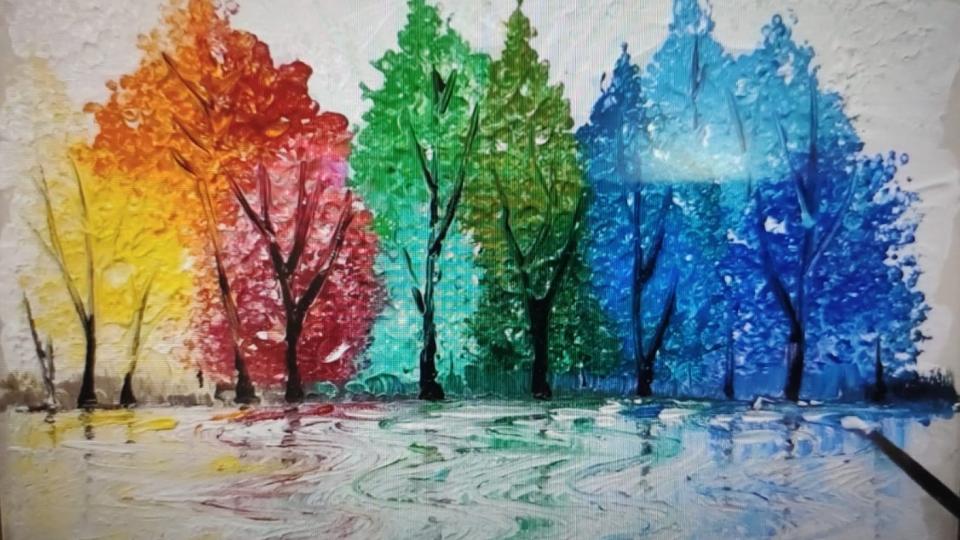 第三課塑膠畫
這幅以彩色樹為主題的塑膠畫需要畫筆外，還要用一隻平梳、牙刷和棉花棒做輔助工具。...