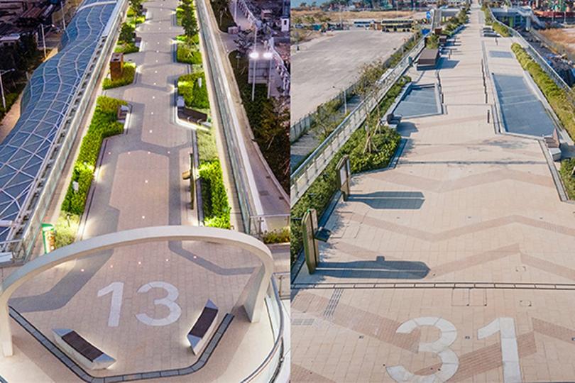 跑道標記:  啟德空中花園以航空為設計概念，花園兩端的數字13和31分別象徵前啟德機場跑道兩端用作識別方向的一三跑道和三一跑道標記。