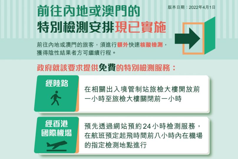 前往內地或澳門的特別檢測安排現已實施 前往內地或澳門的特別檢測安排現已實施