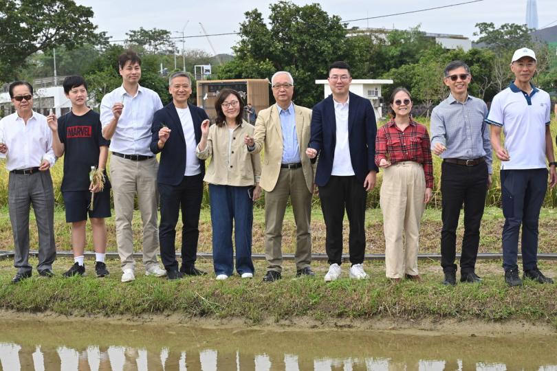 濕地保育:  謝展寰（右五）、甯漢豪（左五）在塱原自然生態公園的稻田參與拋秧體驗。