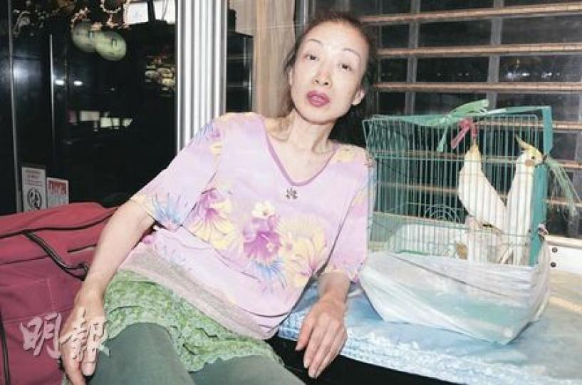 陳慧華帶着兩隻鸚鵡及兩大袋聲稱是打官司文件，在蘭桂坊街頭流連一夜後，昨傍晚仍未見友人出現，一直坐在店舖門前等候。（劉友光攝）