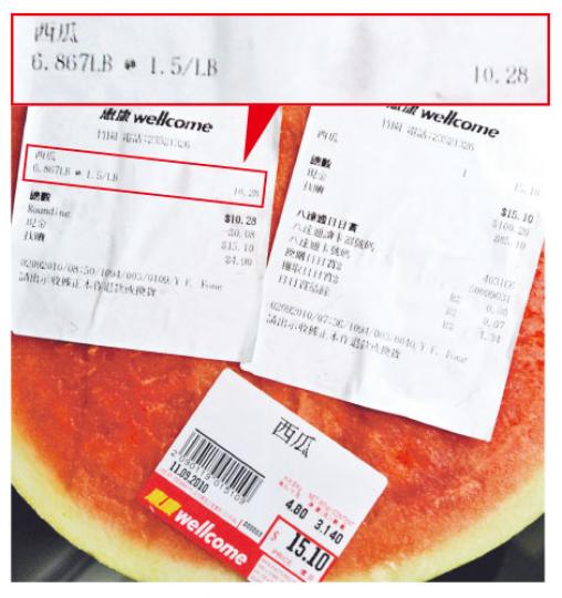 不足秤的西瓜原本售15.1元(圖下),經陳伯投訴再上磅後,價錢實為10.28元。(尹錦恩攝)陳伯向記者展示西瓜的實際磅數(約7磅),證明跟惠康標示的磅數有出入。(尹錦恩攝) 不足秤的西瓜原本售15.1元(圖下),經陳伯投訴再上磅後,價錢實為10.28元。(尹錦恩攝)陳伯向記者展示西瓜的實際磅數(約7磅),證明跟惠康標示的磅數有出入。(尹錦恩攝)