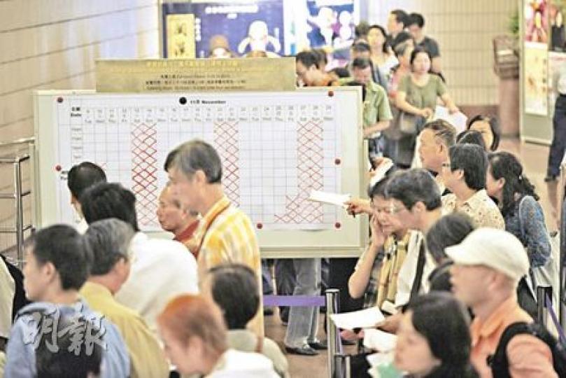 電子動態版《清明上河圖》周末、周日門票已告售罄,但至傍晚仍有過百市民在文化中心排隊購買門票。(何家達攝) 電子動態版《清明上河圖》周末、周日門票已告售罄,但至傍晚仍有過百市民在文化中心排隊購買門票。(何家達攝)