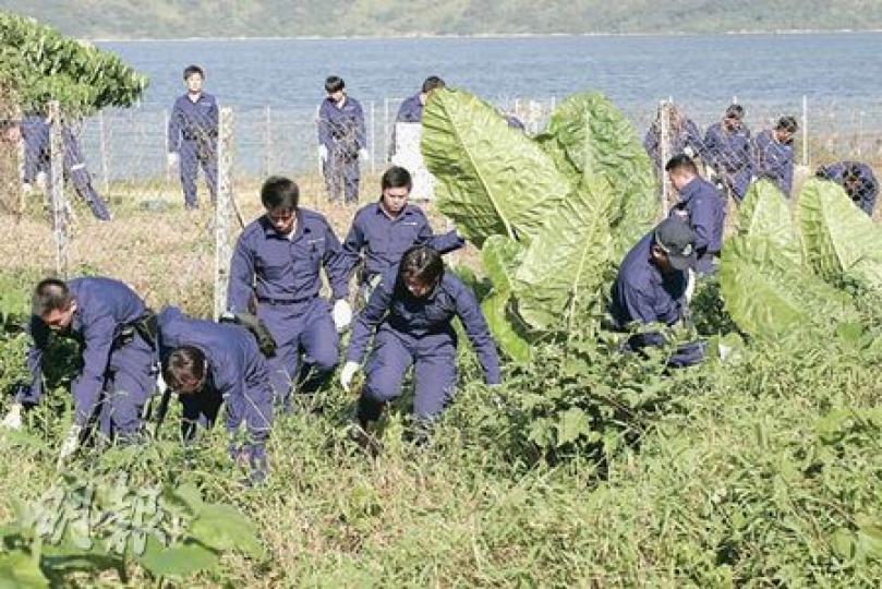 警方重點搜索隊隊員，昨日到西貢井頭村兇殺案現場附近草叢搜索兇器及證物。（黃雄攝）
