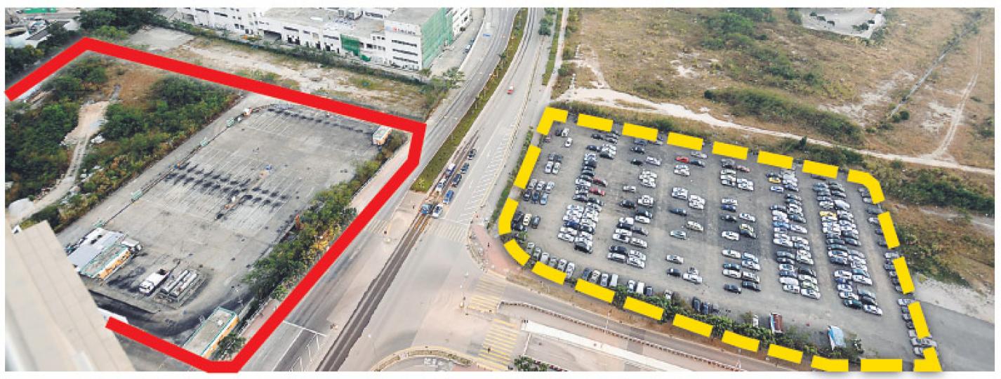 政府原計劃把將軍澳86區 （黃框）的土地批給港台建新廣播大樓，但因上址地底鋪有喉管，工程上要遷就，故改現為新巴車廠的將軍澳85區（紅框）撥給港台。（朱永倫攝）
