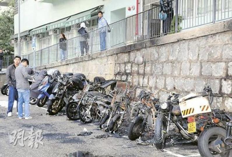 大隴街電單車泊位遭縱火，14部電單車嚴重焚毁，探員昨早仍繼續在現場調查。（蔡方山攝）（明報製圖）