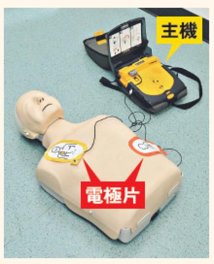 全自動的心臟除顫器，有廣東話語音操作指示，能自動偵測當事人心率，並於適合的情况下發出電擊。而在電擊後同時施以心外壓，可增加心臟的血液輸出，確保心臟及腦部的血管得到血液供應，增加救治機會。（陳淑安攝）