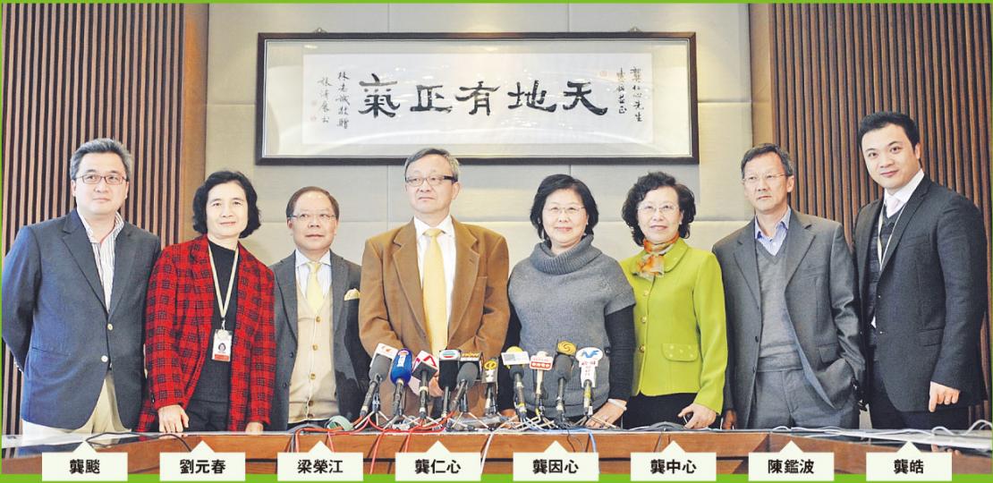 龔仁心昨日與其姐姐龔中心和龔因心、太太劉元春和兩名兒子龔颷及龔皓,以及基金理事梁榮江及陳鑑波一行在如心廣場會見記者。龔仁心一現身即表現雀躍,問記者﹕「大家快唔快樂?有咩唔開心?無呀,好開心。」又指着「天地有正氣」牌匾稱﹕「香港法院再一次體現『天地有正氣』呢5個字‥…你如果為正義做嘢,戰無不勝。」(余俊亮攝) 龔仁心昨日與其姐姐龔中心和龔因心、太太劉元春和兩名兒子龔颷及龔皓,以及基金理事梁榮江及陳鑑波一行在如心廣場會見記者。龔仁心一現身即表現雀躍,問記者﹕「大家快唔快樂?有咩唔開心?無呀,好開心。」又指着「天地有正氣」牌匾稱﹕「香港法院再一次體現『天地有正氣』呢5個字‥…你如果為正義做嘢,戰無不勝。」(余俊亮攝)