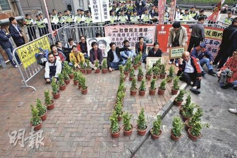 社民連成員支援內地的「茉莉花革命」行動，昨日在中聯辦門外，把數十盆茉莉花砌成「下台」兩字。（李紹昌攝）