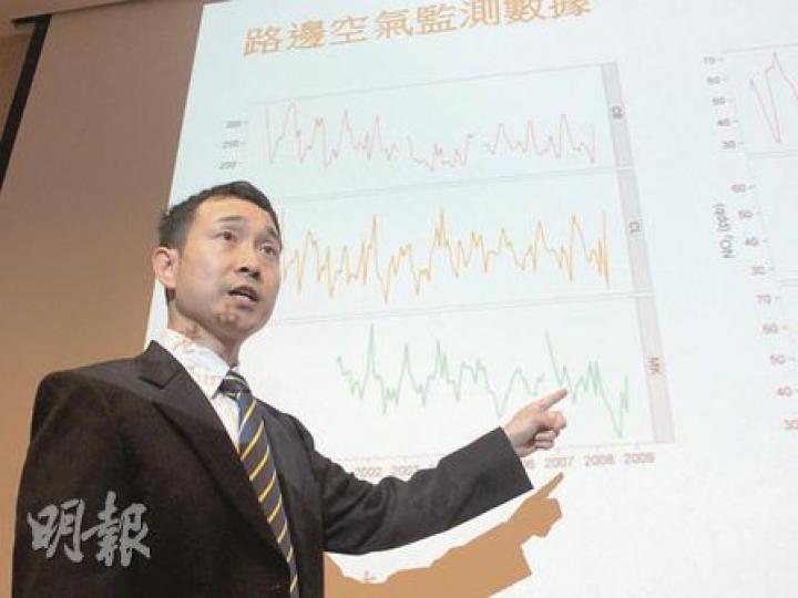 中大公共衛生及基層醫療學院職業及環境健康學部助理教授田林瑋（圖）指出，1998至2008年間，汽車排放二氧化氮的比例上升，更成為本港空氣污染的主要污染源。（余卓善攝）
