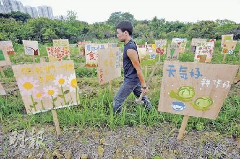 馬屎埔村上星期突出現承辦商警告牌,指受地主所託要「平整土地」,要求農戶清理所有農作物。村民和義工昨日發起示威行動,插下自行設計的告示,要求地主恒基停止工程,不要浪費大好農地。(朱永倫攝) 馬屎埔村上星期突出現承辦商警告牌,指受地主所託要「平整土地」,要求農戶清理所有農作物。村民和義工昨日發起示威行動,插下自行設計的告示,要求地主恒基停止工程,不要浪費大好農地。(朱永倫攝)
