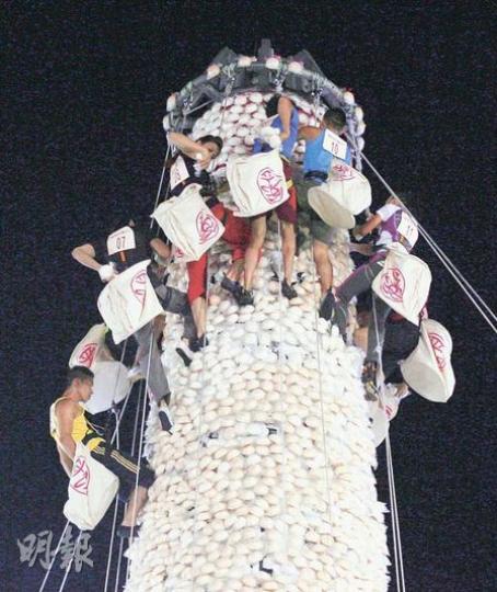 9男3女共12名健兒參加個人賽決賽,在3分鐘內鬥搶包山上的包子,掛得愈高的包分數愈高,選手都爭相爬到包山最高處搶包。(林振東攝)約有1500名市民今凌晨在長洲北帝廟遊樂場觀賞搶包山賽事,當健兒爬上包山搶包一剎,圍觀市民都舉起相機、手機拍照,氣氛熱鬧。(林振東攝) 9男3女共12名健兒參加個人賽決賽,在3分鐘內鬥搶包山上的包子,掛得愈高的包分數愈高,選手都爭相爬到包山最高處搶包。(林振東攝)約有1500名市民今凌晨在長洲北帝廟遊樂場觀賞搶包山賽事,當健兒爬上包山搶包一剎,圍觀市民都舉起相機、手機拍照,氣氛熱鬧。(林振東攝)