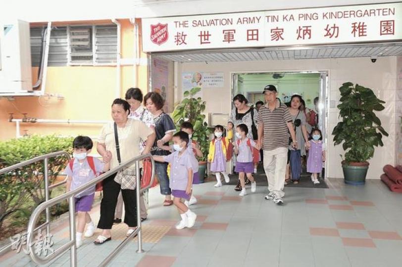 沙田乙明邨救世軍田家炳幼稚園一名5歲學童疑因猩紅熱死亡,校園即時宣布停課一周至本月28日。現場所見,學童放學時都已戴上口罩。 (衛永康攝)(明報製圖)(明報製圖) 沙田乙明邨救世軍田家炳幼稚園一名5歲學童疑因猩紅熱死亡,校園即時宣布停課一周至本月28日。現場所見,學童放學時都已戴上口罩。 (衛永康攝)(明報製圖)(明報製圖)