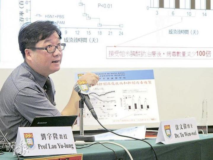 港大醫學院兒童及青少年科學系副教授涂文偉指出,人類化小鼠的實驗發現,使用帕米膦酸鈉治療的小鼠體內病毒較對照組少99%,死亡率亦低近八成。(余卓善攝) 港大醫學院兒童及青少年科學系副教授涂文偉指出,人類化小鼠的實驗發現,使用帕米膦酸鈉治療的小鼠體內病毒較對照組少99%,死亡率亦低近八成。(余卓善攝)