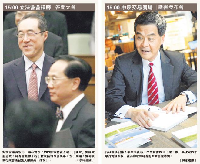 （明報製圖）人民力量陳偉業（左三）在答問大會上不滿特首曾蔭權（右一）批評議員「政治鬥爭」，沒花時間做實事，向他投擲「紙飛機」以示抗議，但被大批保安擋開。（李紹昌攝）