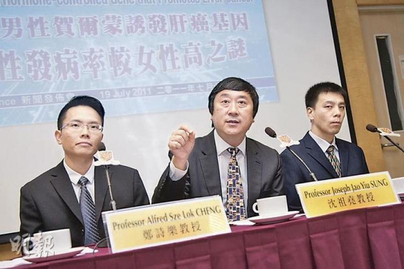 中大校長沈祖堯(中)說,是次研究發現男性賀爾蒙誘發肝癌基因,解開男性發病率較女性高之謎,亦可助開發新的標靶藥。圖左起為中大消化疾病研究所研究副教授鄭詩樂、沈祖堯及研究員馮海博士。(鄧宗弘攝) 中大校長沈祖堯(中)說,是次研究發現男性賀爾蒙誘發肝癌基因,解開男性發病率較女性高之謎,亦可助開發新的標靶藥。圖左起為中大消化疾病研究所研究副教授鄭詩樂、沈祖堯及研究員馮海博士。(鄧宗弘攝)