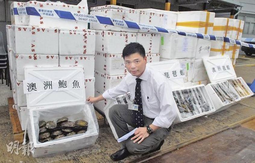 水警在欣澳截獲龍蝦及琵琶蝦等海鮮貨物,總值61萬元。(鍾炳然攝) 水警在欣澳截獲龍蝦及琵琶蝦等海鮮貨物,總值61萬元。(鍾炳然攝)