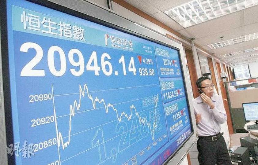 歐美經濟引發全球股災,恆指昨日大挫938點,收報20946點,全周累跌近1500點。(林振東攝)恒指經歷金融海嘯以來最大單日跌幅,昨證券行內亦少有散戶到場買賣,圖中一名經紀以手掩面,難道無眼睇?(林振東攝)突如其來的大跌市,吸引眾多散戶擠在九龍灣德福花園一家銀行分行,查看股市最新走勢。(李紹昌攝)(明報製圖)(明報製圖) 歐美經濟引發全球股災,恆指昨日大挫938點,收報20946點,全周累跌近1500點。(林振東攝)恒指經歷金融海嘯以來最大單日跌幅,昨證券行內亦少有散戶到場買賣,圖中一名經紀以手掩面,難道無眼睇?(林振東攝)突如其來的大跌市,吸引眾多散戶擠在九龍灣德福花園一家銀行分行,查看股市最新走勢。(李紹昌攝)(明報製圖)(明報製圖)