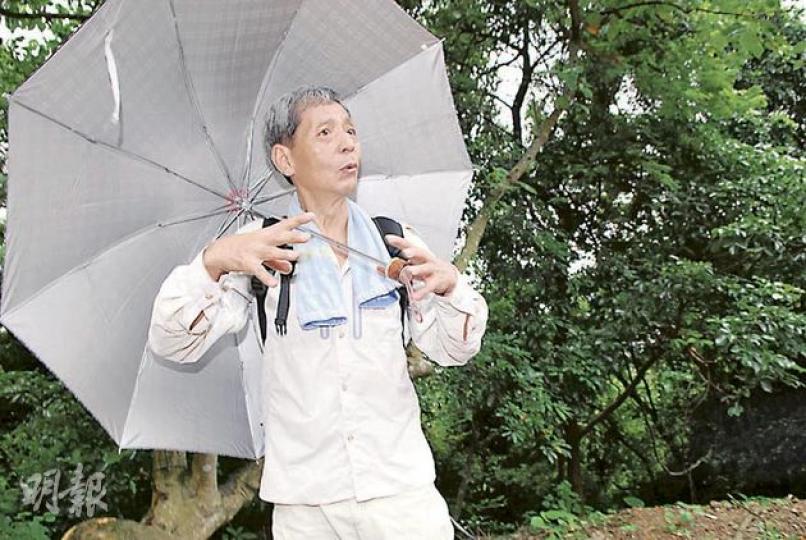 其中一名遇到蜂巢的行山客，以手勢表達肇事蜂巢直徑達2呎，他們雖盡量小心避開，但仍有隊員踢到樹幹驚動群蜂。（梁琬珊攝）