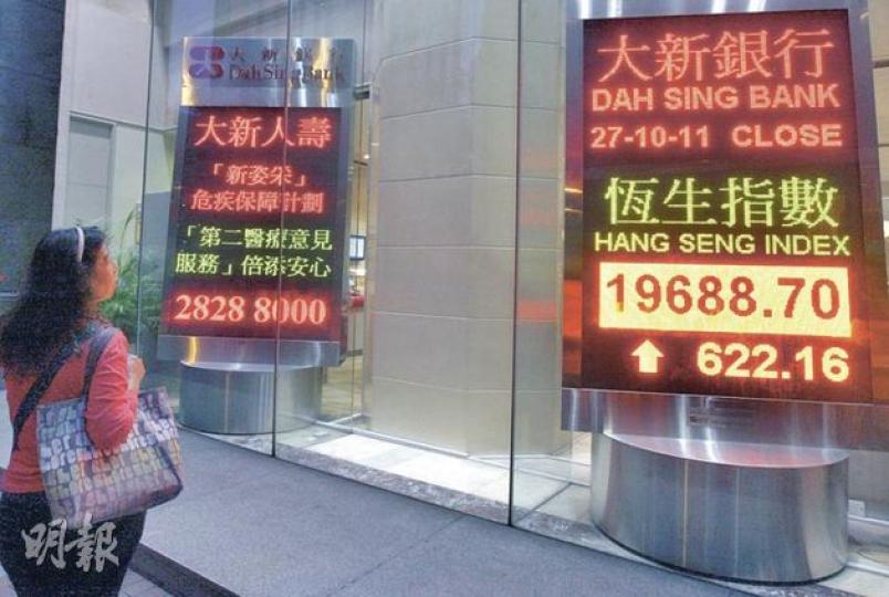 歐債達成協議,港股昨天愈升愈有,收市升622點,以最高位收市。(李紹昌攝)(明報製圖) 歐債達成協議,港股昨天愈升愈有,收市升622點,以最高位收市。(李紹昌攝)(明報製圖)